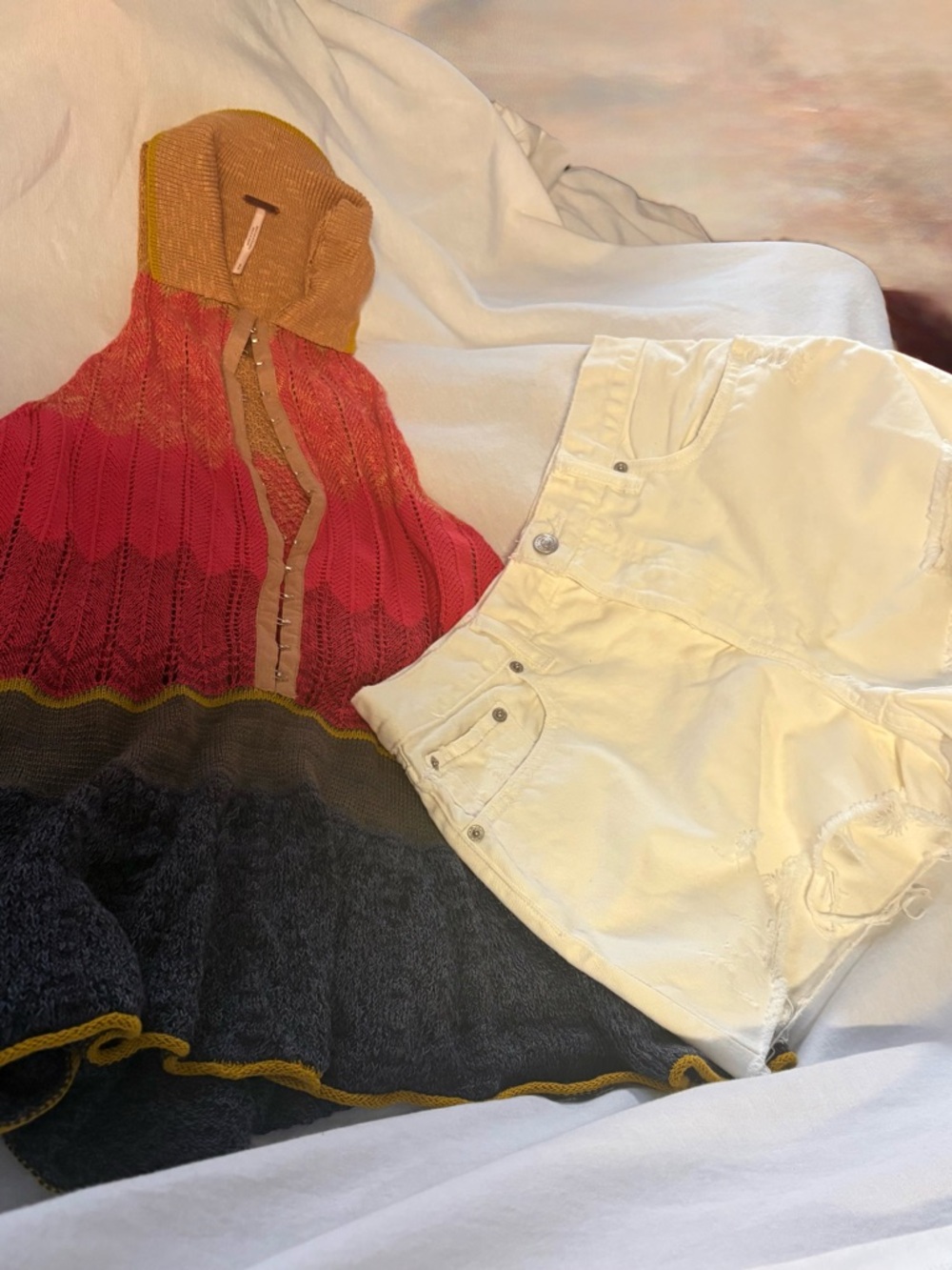 We The Free White High-Rise Denim Shorts with Coral Knit top